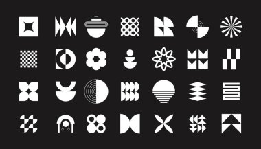 Y2K Geometrik tasarım ögesi şekilleri. Şekiller, yıldızlar, spiral çiçekler ve daireler. Zalim soyut geometrik şekiller.