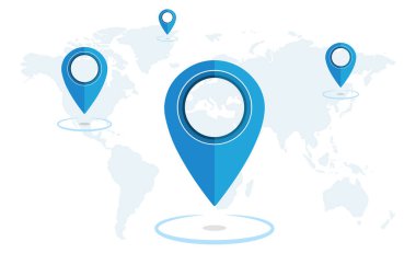 Mavi GPS navigatör beyaz arkaplanda bir haritada. Mavi Konum sembolleri, Veector illüstrasyonu.