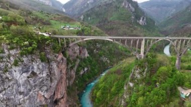 Curceviç Köprüsü, Tara Nehri Kanyonu, Karadağ. Hava görüntüsü. Zabljak. Tara River.Yüksek kalite 4K görüntü