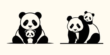 Anne panda silueti, panda anne ve bebek illüstrasyon vektörü ve panda simgesi