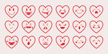 Özetlenmiş aşk emojileri simgesi seti ve çeşitli ifadelerle kalp şeklinde simgeler.