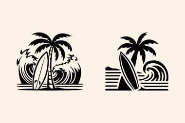 Yaz tatili plaj sörfü logo tasarımı ve merhaba yaza hoş geldiniz.