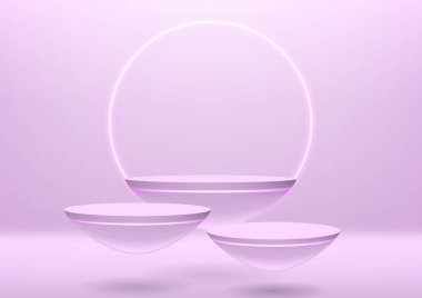 Üç dairesel platform parlak, soluk pembe bir arka planda yüzer. Modern ürün lüks ürünlerinizi tanıtmak için arka planlar sergiliyor. Ürünlerinizi daha çekici kılmak için parlak neon halkalar takın..