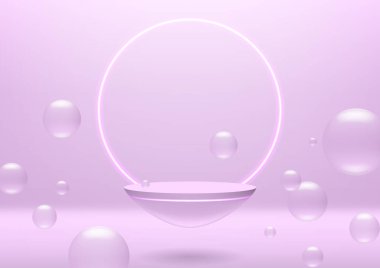 Dairesel platformlar parlak pembe arka planda yüzer ve kabarcık yüzer. Lüks ürünlerinizi tanıtmak için modern ürün arka planlarını sergiliyor.