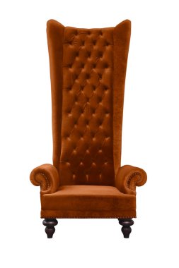 Beyaz üzerine izole edilmiş kahverengi kadife kaplı yüksek sırt koltuğu..
