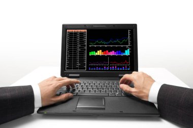 İş adamı beyaz arkaplandaki defteri kontrol ediyor