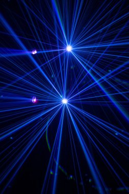 Karanlık bir atmosferde, genellikle konserlerde, kulüplerde ya da aydınlatıcı ışık gösterilerinde görülen dramatik bir lazer ya da sahne aydınlatma gösterisi. Koyu arkaplanda mavi ve mor ışıklar.