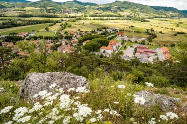 Kale Harabelerinden Vipava 'nın resmi: Kırmızı döşemeli çatılar ve yeşil vadiye yerleştirilmiş Kilise Kulesi Ön planda Çiçekler ve Arka planda Yuvarlanan Tarlalar, Slovenya. Yüksek kalite fotoğraf