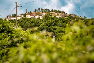 Slovenya 'nın Manzaralı Tepe Kenti Stanjel: Karst Bölgesi' nde Geleneksel Taş Evler ve Çiçek Yeşiller Altında Yükselen Tarihi Kilise Kulesi. Yüksek kalite fotoğraf