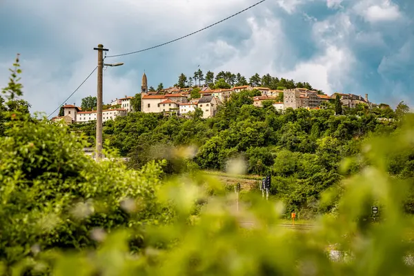 Slovenya 'nın Manzaralı Tepe Kenti Stanjel: Karst Bölgesi' nde Geleneksel Taş Evler ve Çiçek Yeşiller Altında Yükselen Tarihi Kilise Kulesi. Yüksek kalite fotoğraf