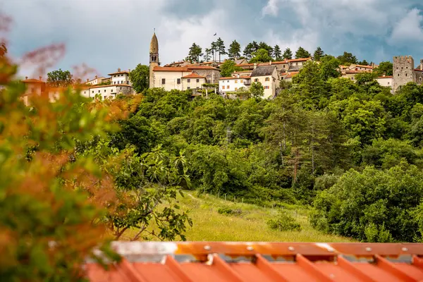 Slovenya 'nın Manzaralı Tepe Kenti Stanjel: Karst Bölgesi' nde Geleneksel Taş Evler ve Çiçek Yeşiller Altında Yükselen Tarihi Kilise Kulesi. Yüksek kalite fotoğraf