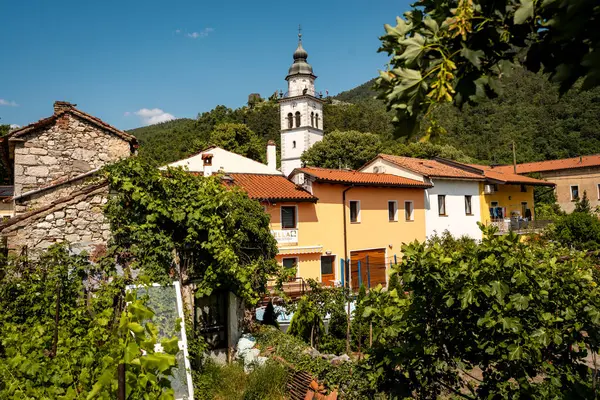 Vipava 'nın Kale Manzaralı Büyüleyici Kasabası: Batı Slovenya' da Açık Mavi Gökyüzü Altında Uzak Kale Harabeleri Olan Renkli Tarihi Evler ve Kilise Kulesi