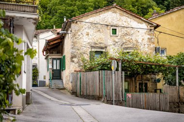 Vipava, Slovenya 'daki Rustik Sokak Sahnesi: Ahşap Kapılı Eski Taş Ev ve Kırsalda sessiz bir viraj şeridi boyunca uzanan yeşil sarmaşıkların altında bir bank. Yüksek kalite fotoğraf