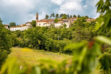 Slovenya 'nın Manzaralı Tepe Kenti Stanjel: Karst Bölgesi' nde Geleneksel Taş Evler ve Çiçek Yeşiller Altında Yükselen Tarihi Kilise Kulesi. Yüksek kalite fotoğraf