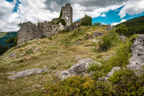 Slovenya 'daki Vipava Harabeleri: Manzaralı Vipava Vadisi' ndeki dramatik bulutlarla dolu bir gökyüzünün altında sarmaşık duvarlarıyla kaplı antik taş duvarlar. Yüksek kalite fotoğraf