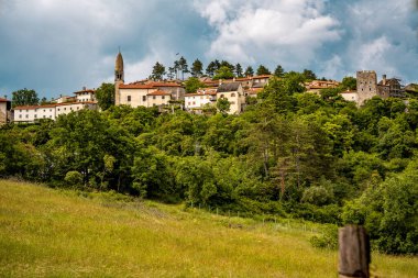 Kale Harabelerinden Vipava 'nın Resimli Manzarası: Kırmızılı Çatı ve Kilise Kulesi Önplanda Çiçek Açan Çiçekler ve Arka planda Yuvarlanan Tarlalar, Slovenya. 