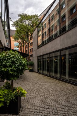 Modern Sokak Sahnesi Münih Merkezi: Sessiz bir şehir avlusunda cam cepheli ve yeşillikli çağdaş mimari. Yüksek kalite fotoğraf