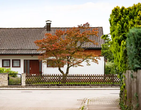 Kahverengi çatılı ve ön bahçesinde sonbahar ağacı olan ahşap çitin yanında Beyaz Saray 'ın olduğu sessiz bir yerleşim yeri. Yüksek kalite fotoğraf