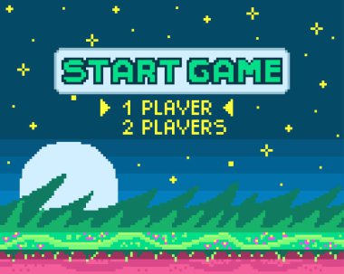 Piksel oyunu için arkaplan. Oyun başlasın. 8-bit Pixel arayüzü. Karakter seçimi. Atari oyunlarında başarılar. Vektör illüstrasyonu