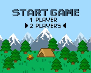 Piksel oyunu için arkaplan. Oyun başlasın. 8-bit Pixel arayüzü. Karakter seçimi. Atari oyunlarında başarılar. Vektör illüstrasyonu