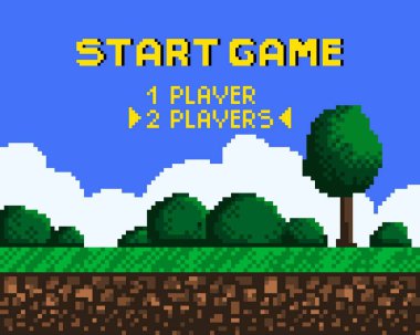 Piksel oyunu için arkaplan. Oyun başlasın. 8-bit Pixel arayüzü. Karakter seçimi. Atari oyunlarında başarılar. Vektör illüstrasyonu