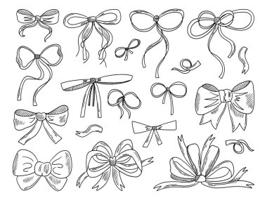 Bir dizi minimalist kurdele ve fiyonk. Vektör çizimi. Kartpostal için çizim, düğün davetiyesi, tasarım, logo