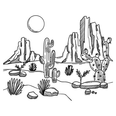 Çöl çizimi. Kaktüslü ve dağlı çöl çizimi. Çöl manzaraları. Vektör illüstrasyonu