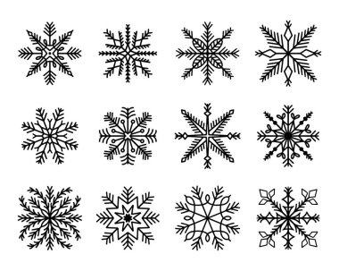 Bir dizi vektör kar taneleri. Beyaz buz kristali. Kış sembolü Kar yağışı. Noel logosu