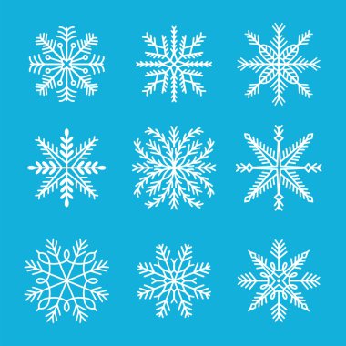 Bir dizi vektör kar taneleri. Beyaz buz kristali. Kış sembolü Kar yağışı. Noel logosu