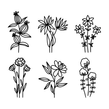 Bir demet çiçek, buketler. Çiçek dalı ve logo ya da dövme için minimalist yapraklar. Baskı, kapak veya duvar kağıdı için en küçük çizgi çizimi