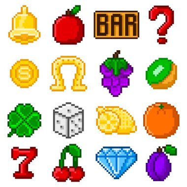 Kumarhane uygulaması için simgeler. Meyveler ve uğurlu semboller. Vektör pikseli resim çizimi 8-bit eski stil.