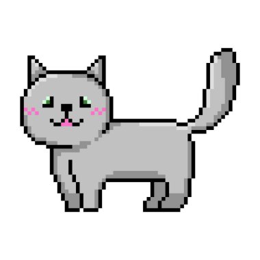 Piksel grafiklerinde gri kedi. Retro oyun için sevimli kawaii kedisi. Vektör illüstrasyonu