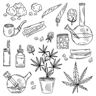 Esrar içmek için bir takım araçlar. Esrar eskizi. Vektör illüstrasyonu