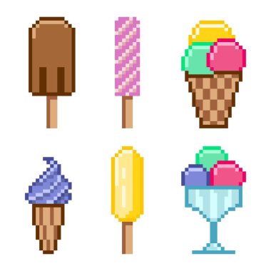 Bir set pikselli dondurma. Farklı yaz dondurmalarının tasviri. Vektör çizimi. Eski moda..