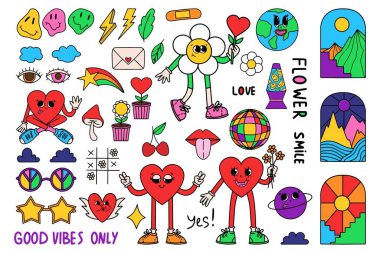 Havalı hippi 70 'ler seti. Komik karikatür çiçeği, gökkuşağı, barış, aşk, kalp, papatya, mantar vs. Moda modası geçmiş psikedelik çizgi film tarzında etiket paketi. vektör illüstrasyonu.