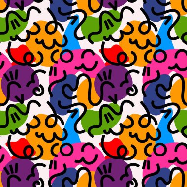 Soyut, pürüzsüz desenler. Moda Memphis tarzı, geometrik vektör grafik elementler. Renkli geometrik arkaplan.