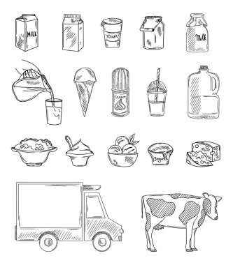 Vektör Süt Ürünleri çiftliği taze ürünler hazır. Çizim çizimi. Süt şişesi, süzme peynir, yoğurt paketi, tereyağı, inek, sütlü araba..