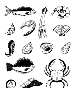 eskiz balığı, yengeç, istiridye, ton balığı. Limonlu somonlu biftek. Vektör illüstrasyonu