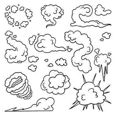 Çizgi roman dumanı. Duman üfleme, enerji patlaması etkisi ve çizgi film patlama vektör çizimi