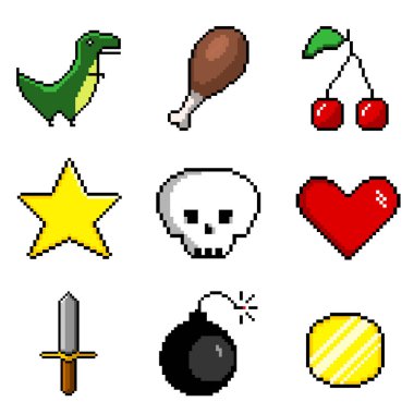 Oyun için piksel vektör seti simgeleri, retro biçimi. Dinozor, kiraz, yıldız, para, kılıç