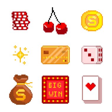 Kumarhane 8-bit simgeleri ayarlandı. Piksel sanatı. Eski usul bilgisayar grafikleri. Oyun ögeleri.