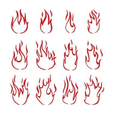 Şenlik ateşi vektörü ayarlandı, alev alev yanıyor. Elle çizilmiş alevler..