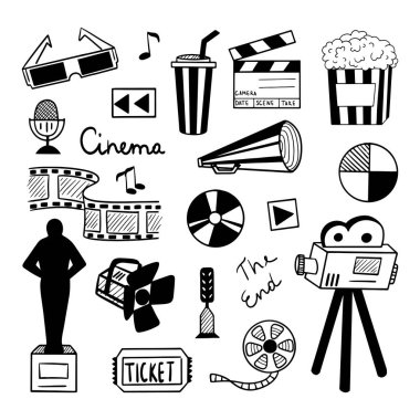 Sinema, sinema, dizi elementleri. Festivaller ve tatiller için. Doodle tarzı. Vektör illüstrasyonu