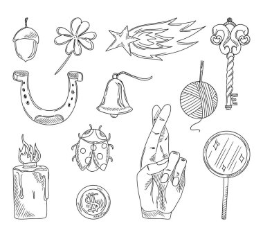 Çizim vektörü iyi şans sembolü, servet, başarı, refah konsepti. Maneki Neko, at nalı, yonca, meşe palamudu, nazar, yıldız, zar, incir, anahtar, mantar, uğur böceği, tılsım, tılsım.