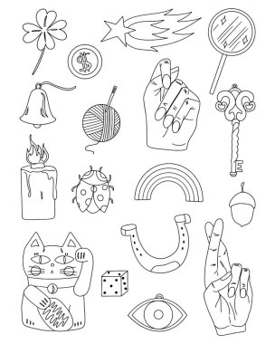 boyama sayfası iyi şans sembolü, servet, başarı, refah konsepti. Maneki Neko, at nalı, yonca, meşe palamudu, nazar, yıldız, zar, incir, anahtar, mantar, uğur böceği, tılsım, tılsım.