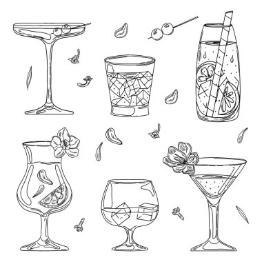 Kokteyl bardakları hazır. El yapımı martini, cin, şarap, margarita, konyak, kadeh, içki, viski. Vektör illüstrasyon çubuğu menüsü, alkol kavramı