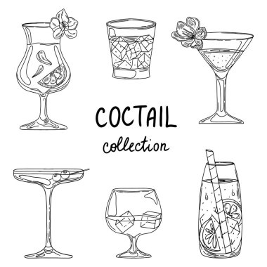 Kokteyl bardakları hazır. El yapımı martini, cin, şarap, margarita, konyak, kadeh, içki, viski. Vektör illüstrasyon çubuğu menüsü, alkol kavramı