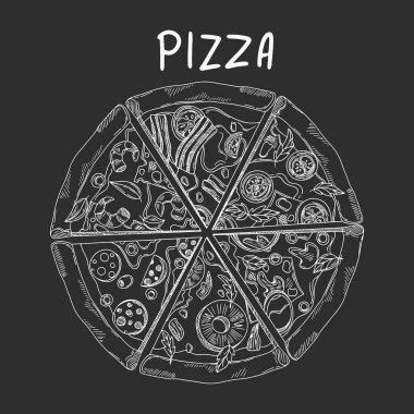 Pizza dilimleri, bütün pizza. Farklı malzemeli pizza. Vektör çizimi. Siyah arkaplan