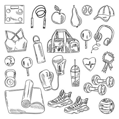 Çeşitli spor vektör çizim ekipmanları ayarlandı. Farklı izole Fitness envanteri, spor aksesuarları. Sağlıklı yaşam tarzı kavramı.