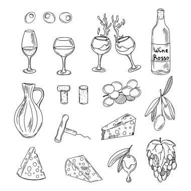 Şarap elementleri. Şişe, peynir, üzüm asması, mantar, tirbuşon, üzüm, zeytin, beyaz arka planda izole edilmiş..